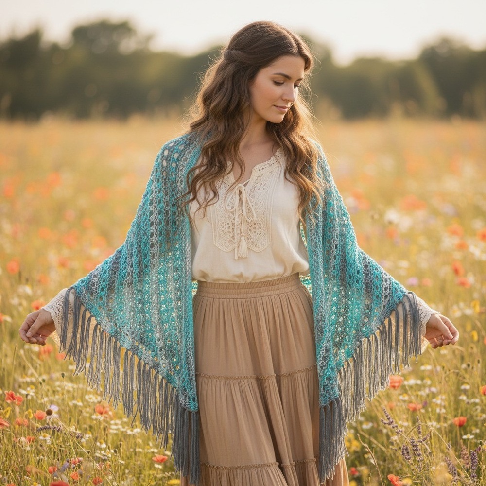 NEW Turquoise Gray Hand Knitted Shawl Wrap Boho Hippie Fringe Coastal Whimsy